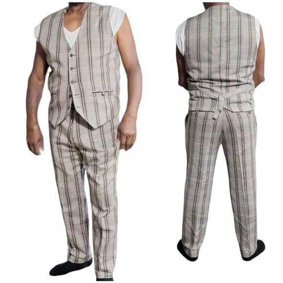 Paulo Solari Mens Gray Plaid Vest Suit Pants Set Modern Fit Size XL 36/30‎ - Picture 2 of 12